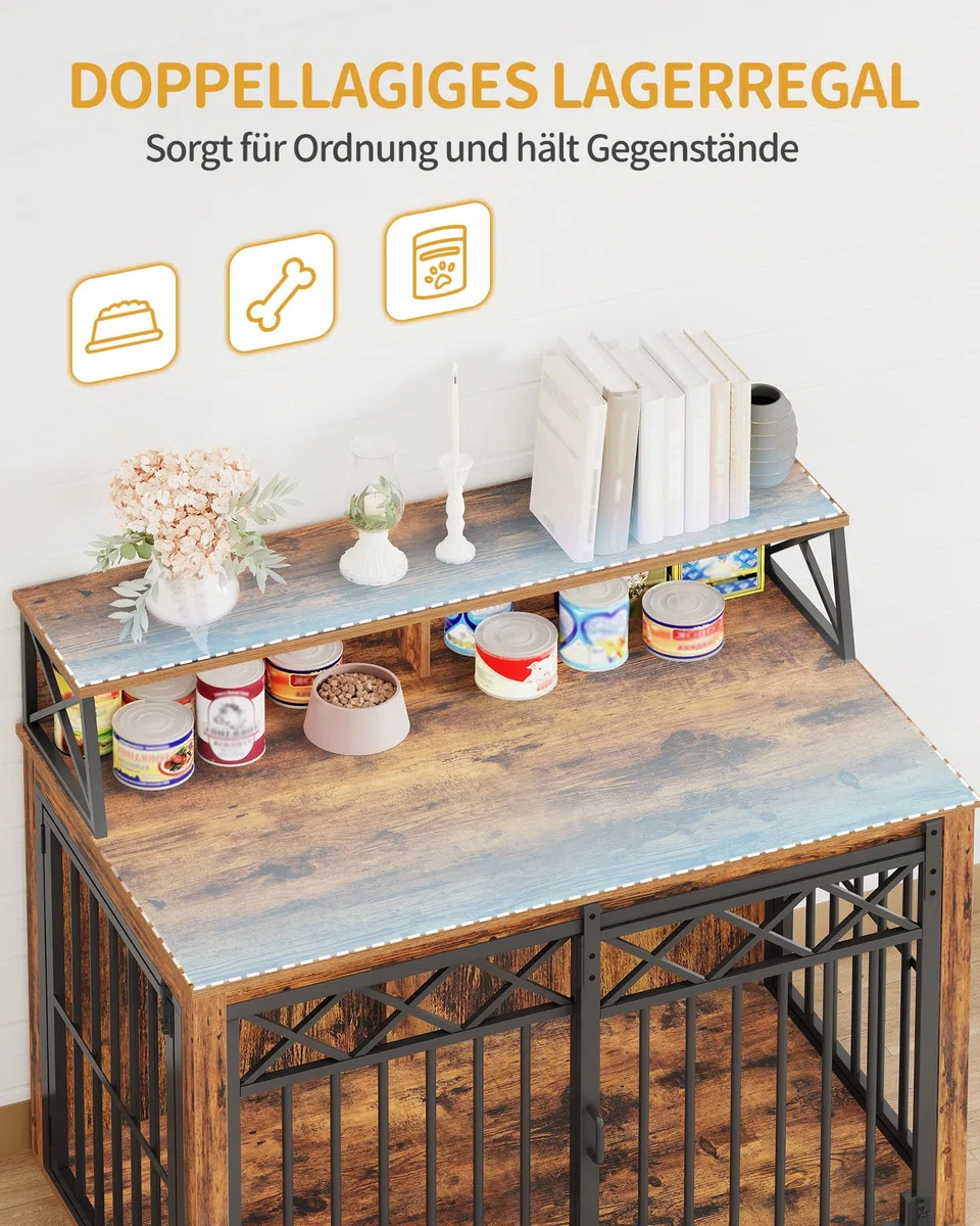 Hzuaneri Hundekäfig Möbel mit Lagerregal, Dreitürige Hundebox für Zuhause, Indoor Kennel mit Scheunentür, Beistelltisch, Geeignet für Mittlere/Große Hunde, 100 x 60 x 86 cm, Vintage Braun DFC87401B