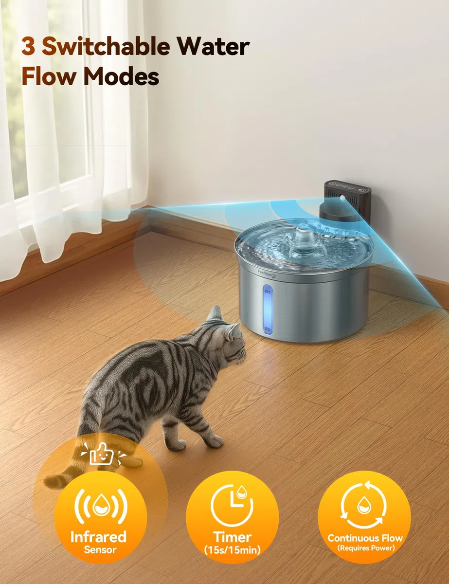 Katzenbrunnen Edelstahl Kabellos mit Sensor für Katzen und Hunde 3,5L|FEELNEEDY [FN-W19] Wasser-und Batterietrennung Trinkbrunnen mit Akku 4000mAh, 3 Betriebsmodi, 1 Aktivkohlefilter