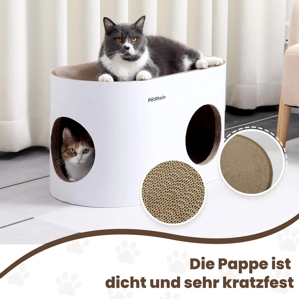 Kratzbrett für Katzen aus Kratzpappe,3-in-1 großes Katzenhöhle mit Kratzmatte & Katzenbett – 64 x 35 x 36 cm– Stabiles Kratzpappe, Minimalistisches Kratzmöbel für Katzen