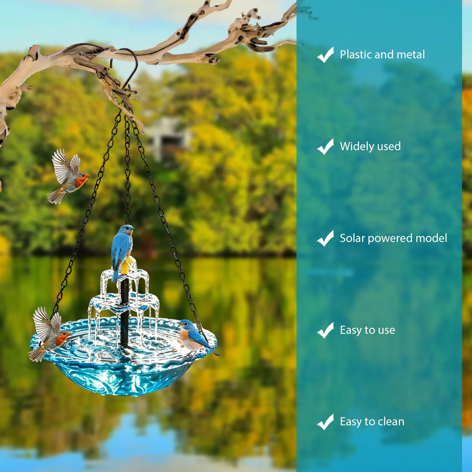 Vogeltränke Hängend mit Solarbrunnen, Vogelbad Garten zum Aufhängen,Solar Vogeltränke Balkon Wassertränke für Vögel mit Springbrunnen Wasserspiel Vogelbad für Garten Hof Terrasse Lockt Vögel
