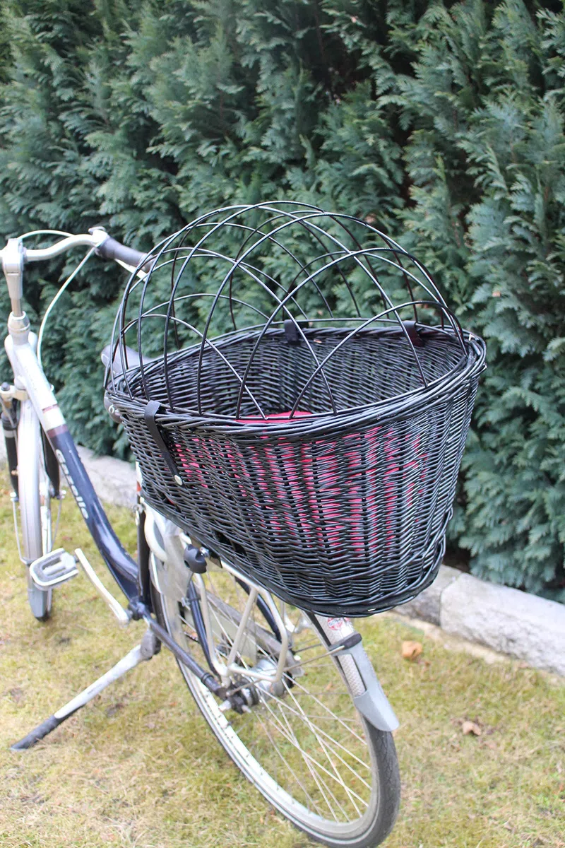 Hundefahrradkorb für Gepäckträger aus Weide mit Metallgitter und Kissen Schwarz XL oder XXL Gepäckträgerkorb Weidenkorb Hundekorb Tierkorb (XXL mit Kissen)