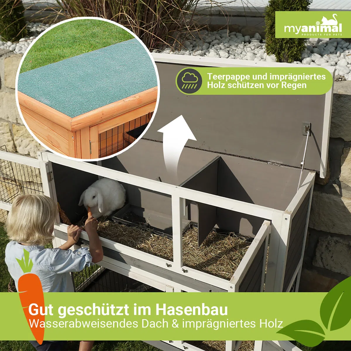Miweba MyAnimal Hasenstall MH-20 | 120x51x105 cm - Kaninchenstall mit Freilaufgehege - Doppelstockhaus 2 Ebenen - Hasenkäfig - Holz imprägniert - Kaninchenkäfig Winterfest - Indoor & Outdoor (Braun)