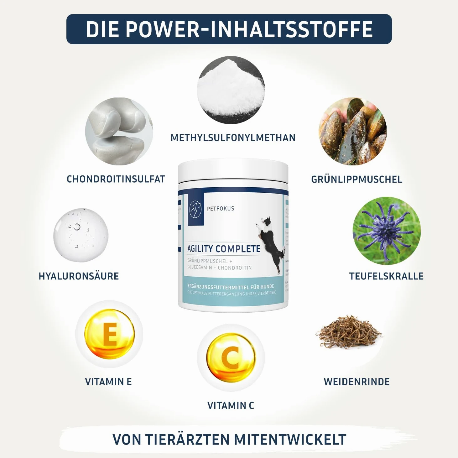 PetFokus Agility Complete | für gelenkempfindliche Hunde - natürliche Nahrungsergänzung - 11 wertvolle Inhaltsstoffe inkl. Grünlippmuschel, MSM, Teufelskralle - Pulver - in Deutschland produziert