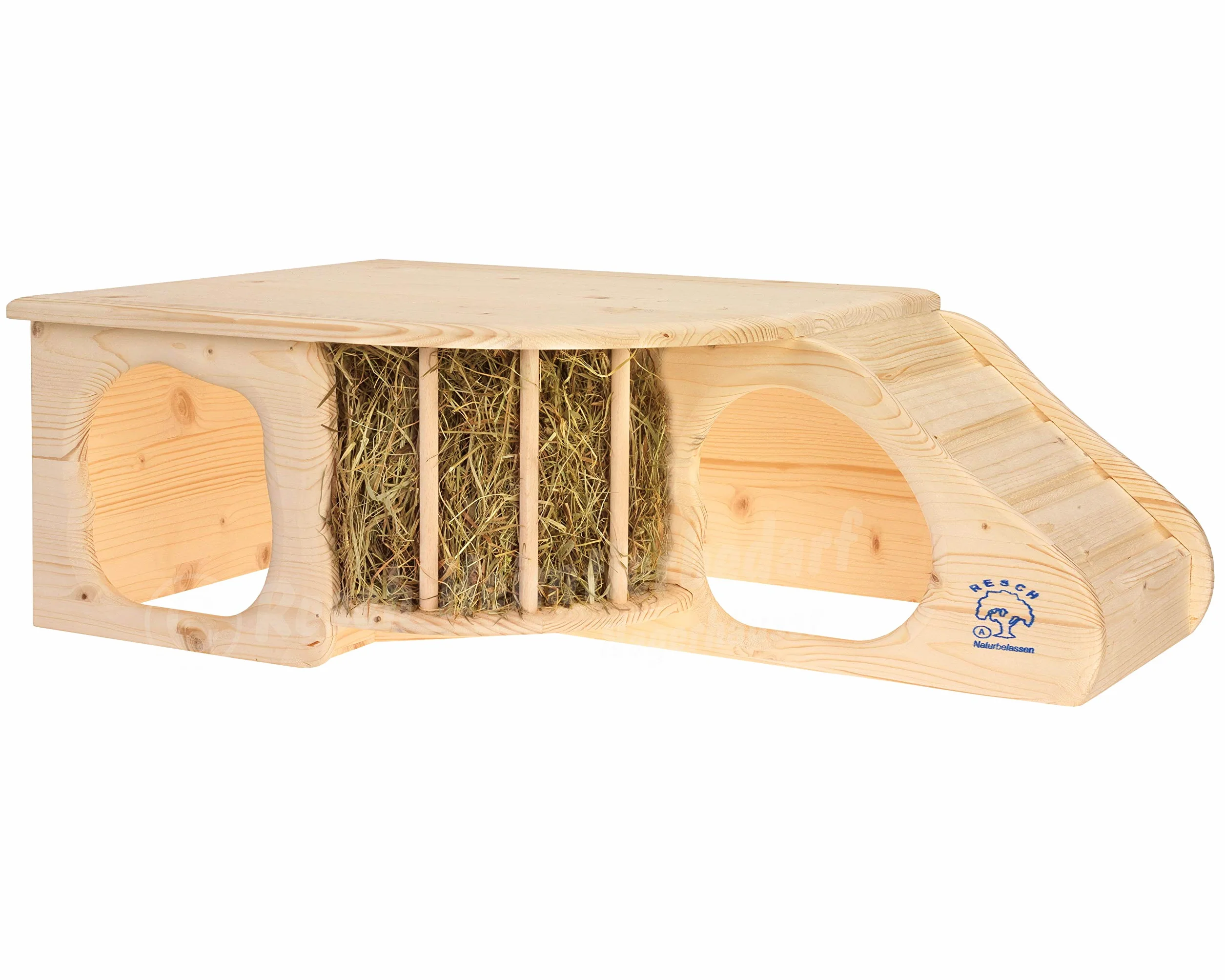 Resch Nr11 Nagerhöhle XL naturbelassenes Massivholz aus Fichte/mit Treppe zur Liegeterasse, integrierter Heuraufe, großen Eingängen und gerundeten Ecken / 60 x 19,7 x 37cm
