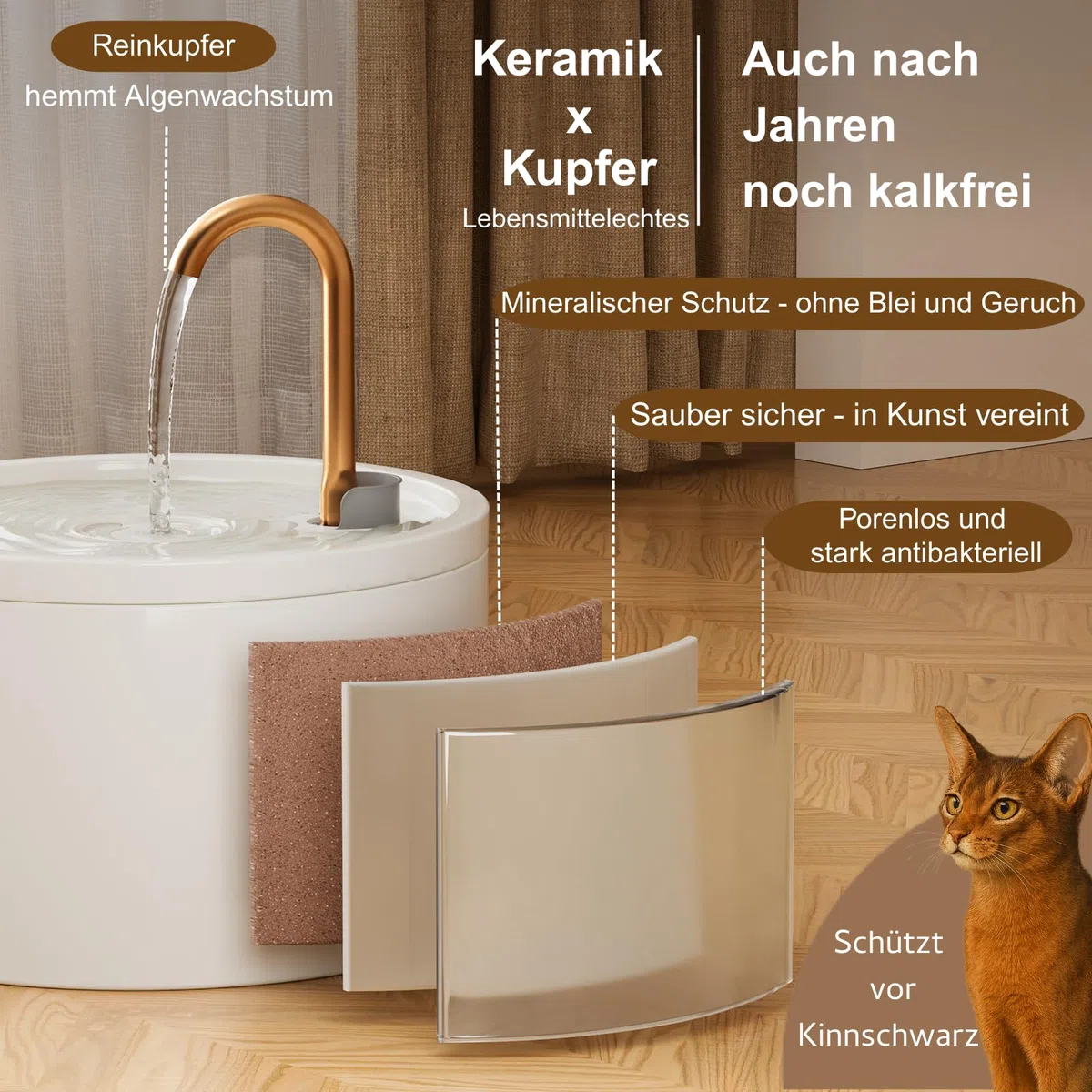 MISFANS Katzenbrunnen Keramik, Trinkbrunnen für Katze 2.1L, Leiser Wasserspender Katzen, Hygienischer Pet-Brunnen mit Filtersystem, Für Mehrkatzenhaushalte, Einfache Reinigung, Weiß