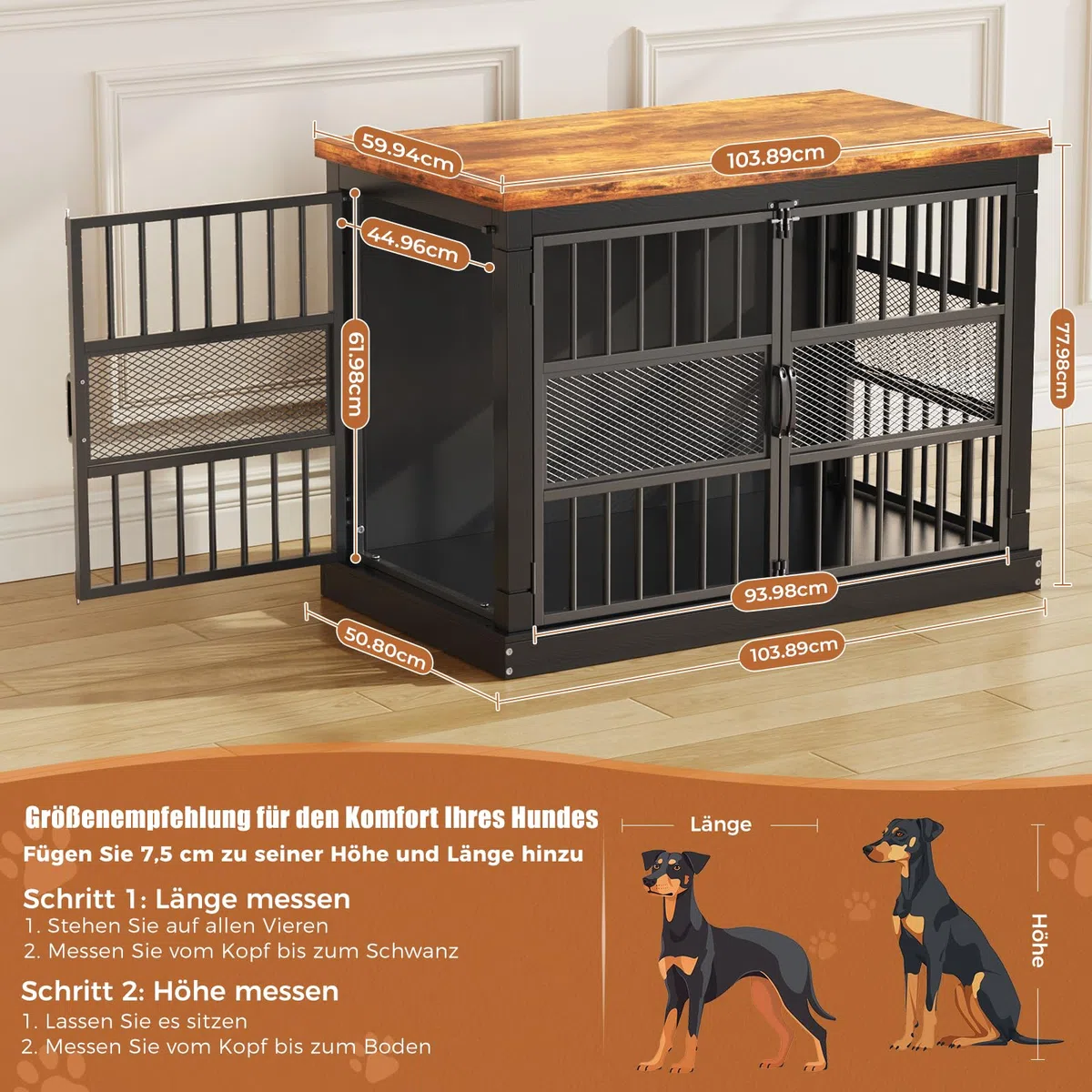 Hundekäfig Möbel, 104 cm Großer Hundebox für den Hausgebrauch, Modernes Indoor Holz-Hundekäfig, Doppel-Tür-Design, Bissfest, Geeignet für Kleine/Mittelgroße/Große Hunde, Schwarz, 104x51x78 cm