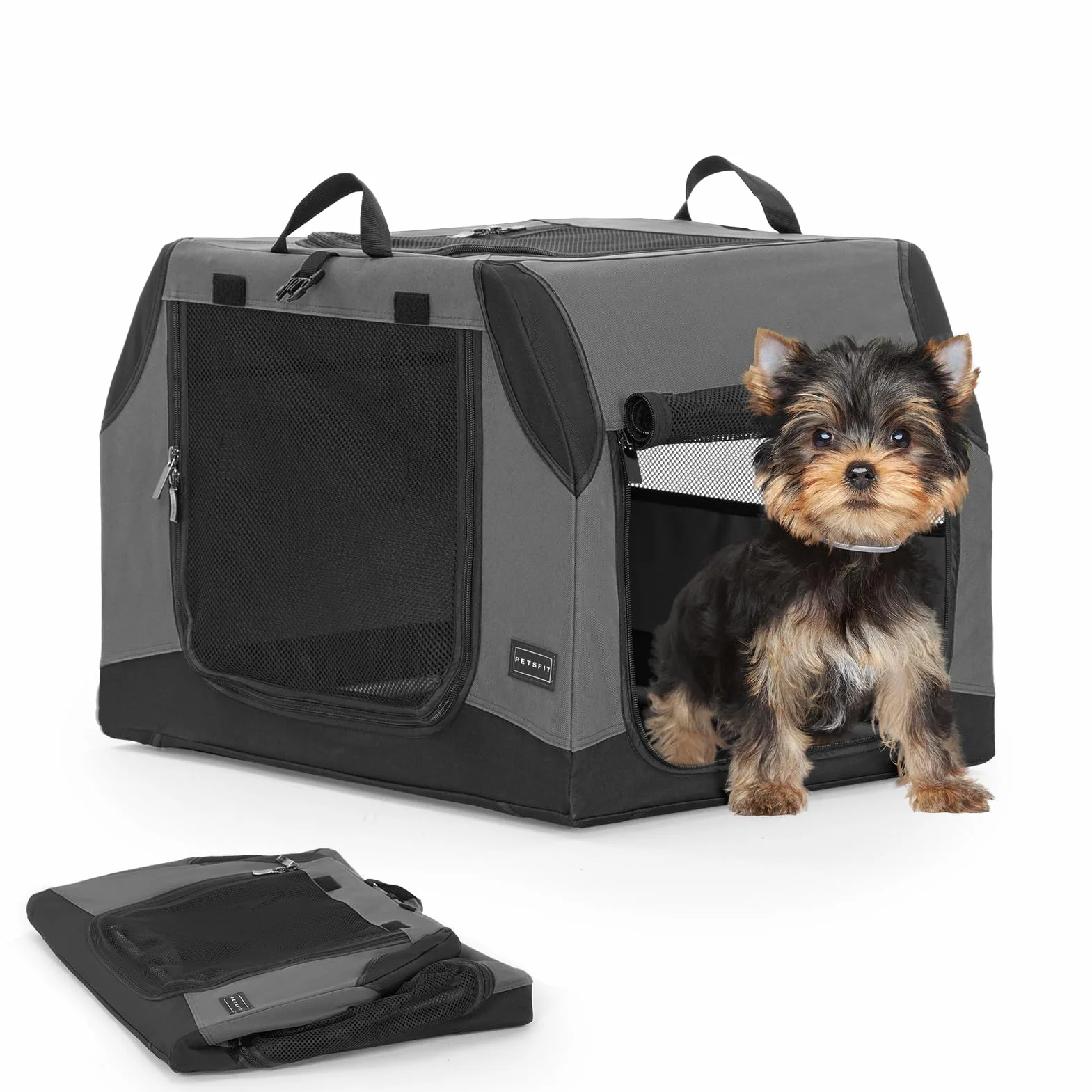 PETSFIT Hundebox Auto, Hundebox faltbar Kofferraum/Rückbank,Verstellbarer Bezug & verstärktes Netz, Hundetransportbox Auto mit Abschließbarer Reißverschluss-Grau S